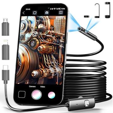 Imagem de CARPDIM [Lente dupla] Câmera endoscópica com luz, câmera de inspeção de boroscópio 1980p com 8+1 luzes LED ajustáveis IP68 à prova d'água de 16,5 m, câmera semi-rígida com cabo de cobra para iPhone,