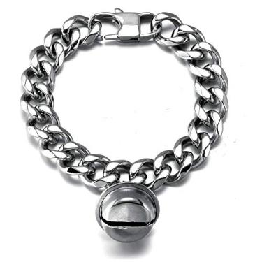 Imagem de Coleira de cachorro prata gato filhote de cachorro branco 1/5.1 cm de largura Gargantilha de aço inoxidável à prova de mastigação corrente de elos cubanos com sino (pescoço serve para 20.3 cm-25.4 cm)