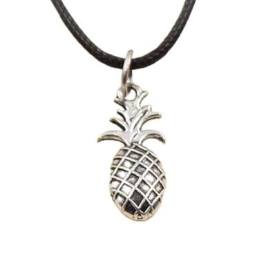 Imagem de EDCRFV Colar pingente de abacaxi de prata tibetano cordão de couro preto feito à mão