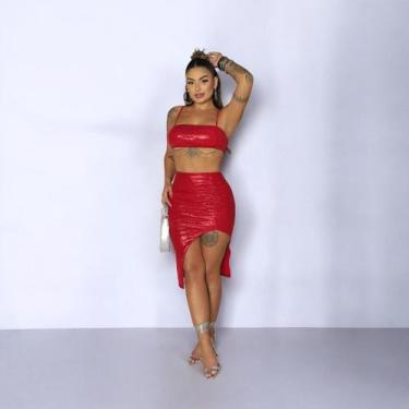 Imagem de Conjunto Saia Curta Recorte Assimétrico Com Top Faixa - luh may, Verme