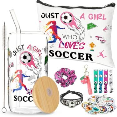 Imagem de 61 peças de presentes de futebol para meninas mulheres conjunto de presente de futebol presentes para amantes de futebol 473 ml copo de vidro acessórios esportivos lembranças de festa de futebol para