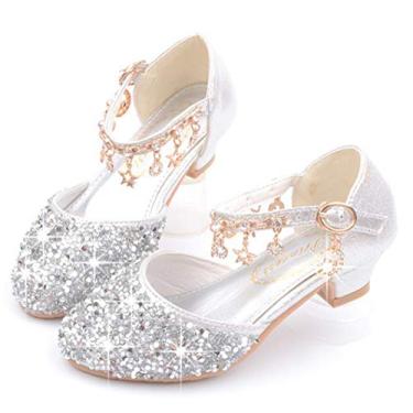 Imagem de LFHT sandálias infantis para meninas com glitter e lantejoulas, salto baixo, sandálias de festa Mary Jane, strass, Prata, 12 Little Kid