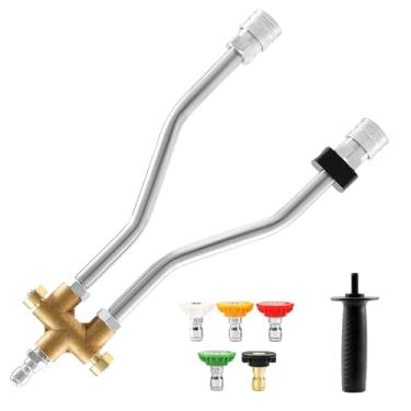 Imagem de Tool Daily Varinha de lavadora de pressão de lança dupla para canhão de espuma, acessório de conector duplo de lavadora de pressão para canhão de sabão, 5 pontas de bocal de lavadora, conexão rápida