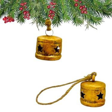Imagem de Sinos de metal dourado rústico com recortes de estrela, ornamentos de Natal feitos à mão com corda de juta, perfeitos para decoração de férias, interiores (estrela de tambor (5 x 5 x 6 cm)