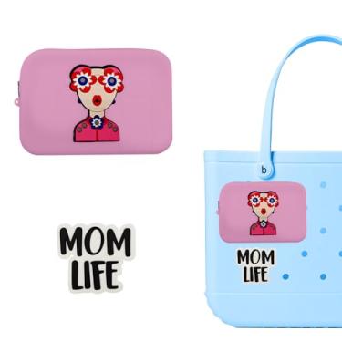 Imagem de HMGES Bolsa de silicone com zíper para bolsa Bogg – inclui 1 pingente "Mom Life" – suporte de telefone com inserção fofa com desenho animado de menina – serve para todas as bolsas de praia de borracha