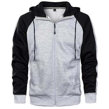 Imagem de AOTORR Moletom masculino casual com capuz e manga comprida com zíper e bolso, Cinza, preto, 129, P