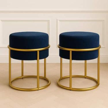 Imagem de 2 Puff Iron Base Ferro Argola Dourada Metalizada Suede Bege - PB, Azul