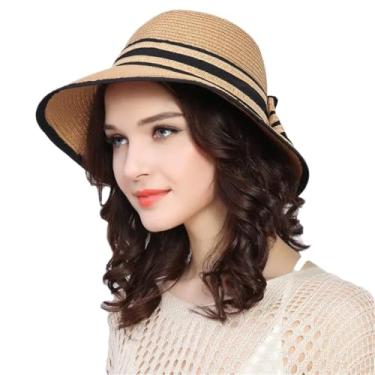 Imagem de Chapéu feminino de palha de verão, chapéu de palha largo, protetor solar, aba larga, arco dobrável, chapéu de velejador, cáqui, tamanho único