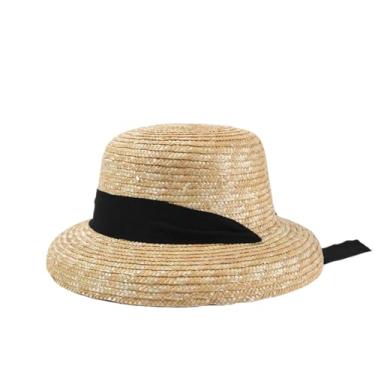 Imagem de Chapéu feminino de palha com alça de palha primavera verão proteção solar praia estilo hepburn chapéu de palha preto M 55-57 cm