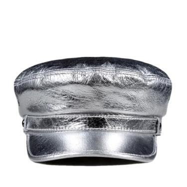 Imagem de Chapéu feminino masculino streetwear primavera unissex top liso couro genuíno marinho chapéu estudante brilhante bonés prata 54-56 cm