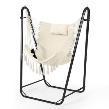 Imagem de ﻿Hammock Chair with U Shape Stand, Cotton Swing Chair with Side Pocket, Heavy-Duty Metal Frame with Hanging Seat, Multi-Functional Swing Stand for Indoor and Outdoor Patio Yard Garden (Blackwhite)