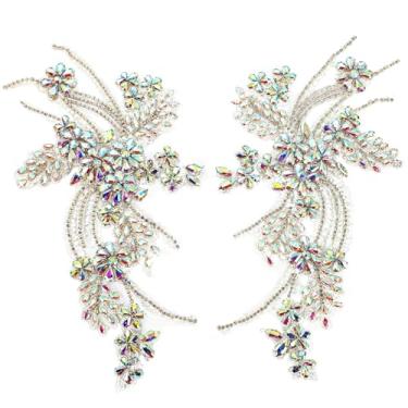 Imagem de Design floral luxuoso de 27 cm x 16 cm, fio de poliéster, 2 apliques de strass com contas para vestidos, decoração de vestido de noiva DIY, renda com contas artesanais