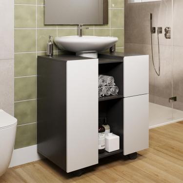 Imagem de Gabinete Armario Banheiro Pia De Coluna Macau Com Rodízios Preto branco