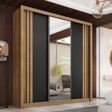 Imagem de Guarda Roupa Moema Quarto Com 3 Portas E 2 Gavetas Espelho Amendola-nude Preto Prime Tx