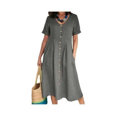 Imagem de Vestido De Algodão E Linho plus Size Com Decote Em V, Manga Curta, Bot
