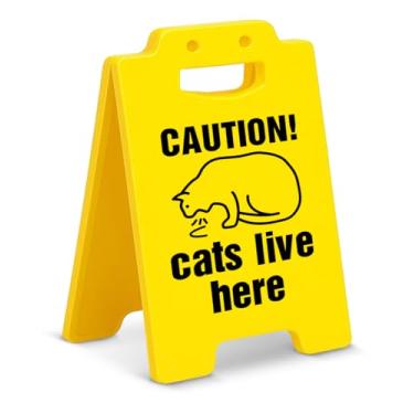 Imagem de Sinal engraçado de cuidado de gato humor gato Live Here placa decoração de mesa presentes para gatos proprietários amantes senhora mãe