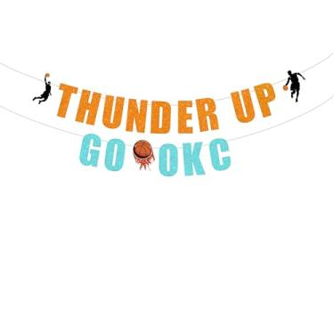 Imagem de Faixa pré-amarrada Thunder Up Go OKC - Decoração de festa do trovão, festa do time de basquete, decorações de festa de celebração, banner laranja e azul com glitter