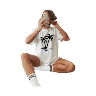 Imagem de Camiseta Vintage Com Estampa De Palmeira E Sol, Gola Redonda, Algodão 