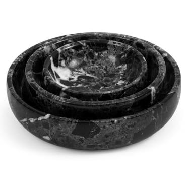 Imagem de SPESHSTONES Conjunto de 3 tigelas de mármore pequenas e decorativas pretas feitas à mão para servir molho de soja escuro, armazenamento e itens essenciais de cozinha - Conjuntos de pratos de pedra