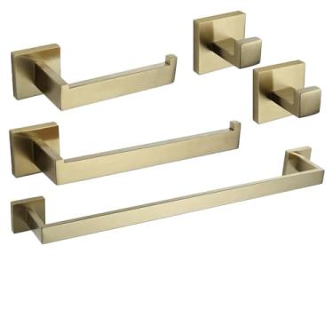 Imagem de Conjuntos de acessórios de banheiro ganchos de roupas dourados escovados para prateleira de parede, suporte de papel higiênico, toalheiro, conjunto de cabide de casaco, 5 peças