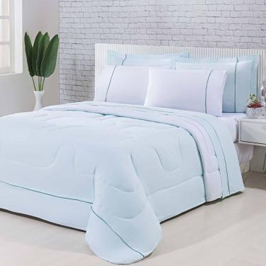 Imagem de Kit Edredom 100% Algodão Percal 150 Fios Dupla Face King + Jogo De Cama Gran Moratta 7 Peças - Branco/ Verde