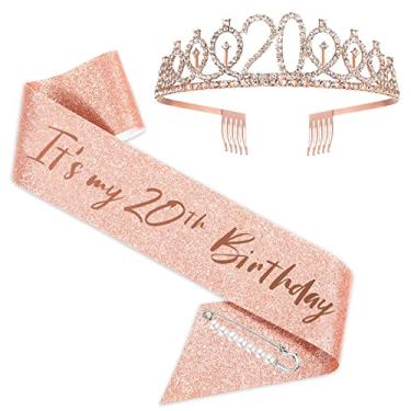 Imagem de Faixa e tiara de aniversário de 20 anos para meninas, coroa de faixa de aniversário de ouro rosa 20 e faixa e tiara fabulosas, presentes de aniversário de 20 anos para lembrancinhas de festa de aniversário de 20 anos