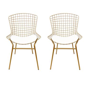 Imagem de Cadeira para Cozinha Bertoia cor Dourado Fosco assento branco tubular 2 Unidades