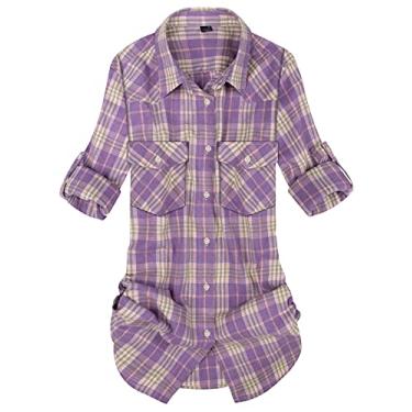 Imagem de Alimens & Gentle Camisa xadrez feminina de flanela de manga comprida com botões e camisa casual, Roxo e cáqui, XXG