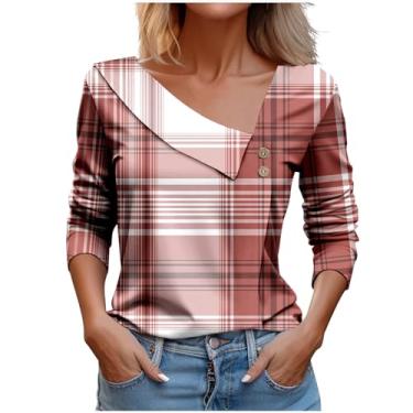 Imagem de Blusa feminina primavera 2024 manga comprida gola V camisas soltas xadrez com botões assimétricos túnica casual negócios, #08 multicolorido, M
