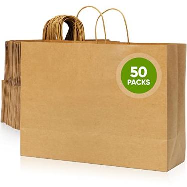 Imagem de Tobvory Sacos de papel com alças, 50 sacos de papel kraft 40 x 15 x 30 cm marrom a granel, grande saco de papel reciclado, bolsa de compras/presente/varejo para pequenas empresas de mercearia