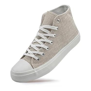 Imagem de rosyclo Tênis feminino de lona de cano alto moderno com cadarço clássico casual, Tecido de saco bege, 41