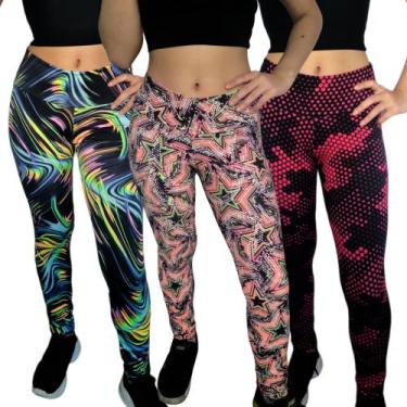 Imagem de Kit 3 Calças Femininas Legging Cós Estampas Sortidas Suplex Pp ao Plus