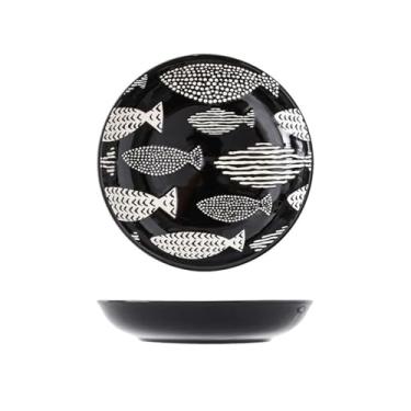 Imagem de Louça de cerâmica pintada à mão em estilo japonês de 17,8 cm, prato de restaurante frio, prato de dim sum - prato de arroz de 18 cm - preto multi-peixe