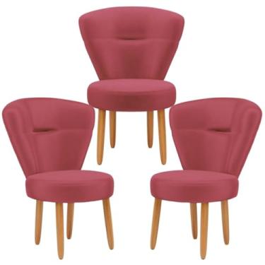 Imagem de Kit 3 Cadeiras para Estúdio de Beleza Camarim Tecido Veludo Confortavel Pés de Madeira (Vermelho)