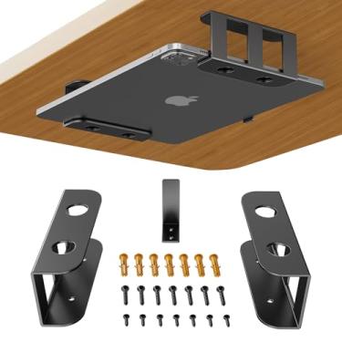 Imagem de BYMECOST Suporte de armazenamento de laptop embaixo da mesa, suporte de metal para dispositivos de até 6 cm de espessura, MacBook, mini, teclado, roteador, com silicone antiarranhões (preto)