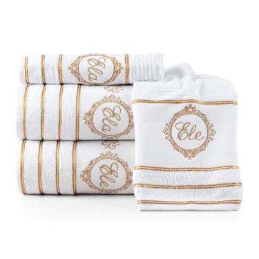 Imagem de Jogo Toalha Banho Bordada Ele E Ela 4pçs 100% algodão Artesian Premium Fios Dourados Casal Presente Casamento Noivos Banheiro (BRANCO)
