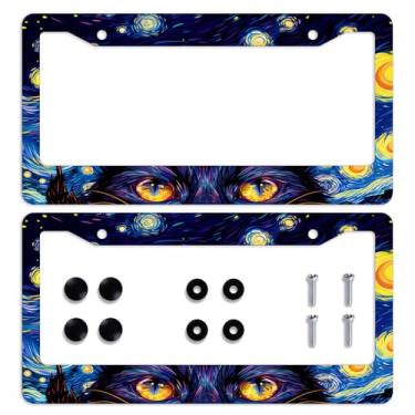 Imagem de 2 peças moldura de placa de carro preto noite estrelada carro placa de carro personalizado aço inoxidável peças de automóvel engraçadas molduras de placa de licença decoração tamanho para homens