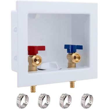 Imagem de Pex Caixa de tomada para máquina de lavar roupa com dreno central caixa de válvula de lavadora de roupa 1/2 polegada Pex Crimp entrada x 3/4 polegadas MHT tomada com 4 anéis de crimpagem