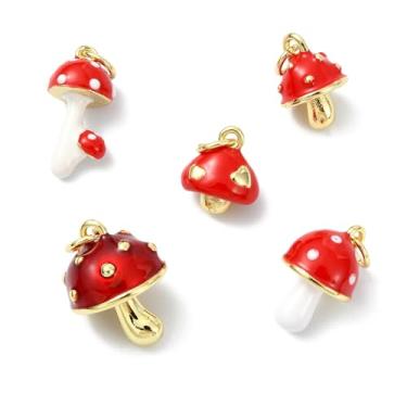 Imagem de UR URLIFEHALL 5 peças, 5 estilos, pingentes esmaltados de latão cogumelo, vermelho, 3D, floresta, planta, pingentes, pingentes para artesanato, pulseira, colar, brincos, chaveiro