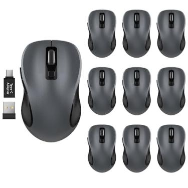 Imagem de WisFox Mouse sem fio de 2,4 G para laptop, mouse de computador ergonômico com receptor USB e adaptador tipo C, 3 níveis ajustáveis DPI, mouse sem fio sem fio de 6 botões (cinza, pacote com 10)