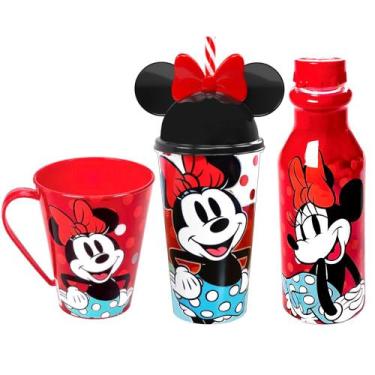 Imagem de Kit Infantil da Minnie Caneca Garrafa e Copo de Orelhas Vermelho - Pla