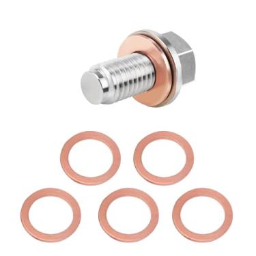 Imagem de HQRNYP Bujão de drenagem de óleo magnético M12x1,75, plugue de drenagem de cárter de óleo, parafuso de porca de drenagem de cárter de aço inoxidável com 5 arruelas de esmagamento de cobre, parafuso de