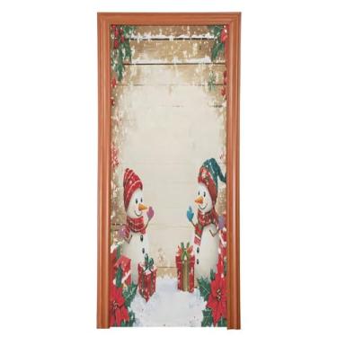 Imagem de Qilmy Lindo boneco de neve com fundo de madeira para porta 81 x 200 cm, capas de porta decoração de casa, sala de estar, corredor, porta, festas, shopping center, janela, decoração de Natal 416