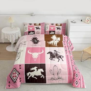 Imagem de Feelyou Conjunto de edredom rosa ocidental para meninas, asteca do sudoeste, tamanho casal, com 2 fronhas, rústico, cowgirl, cavalo, caubói, vintage, decoração de quarto de touro, edredom macio