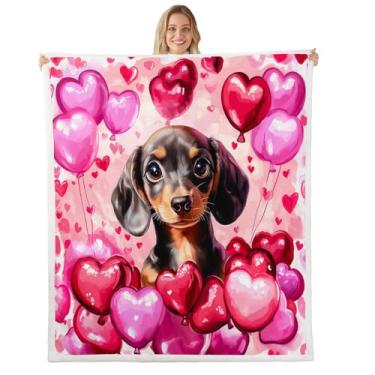Imagem de Cobertor de cama para cachorro Dachshund, cobertor rosa, leve, macio, aconchegante, luxuoso, dia dos namorados, cobertor de flanela para sofá, quarto, escritório, viagens, todas as estações (solteiro