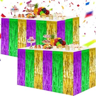 Imagem de BEISHIDA Pacote com 2 saias de mesa douradas e verdes roxas, decorações de festa, enfeites de franja metálica, para mesa retangular e redonda para festa de aniversário de carnaval e formatura