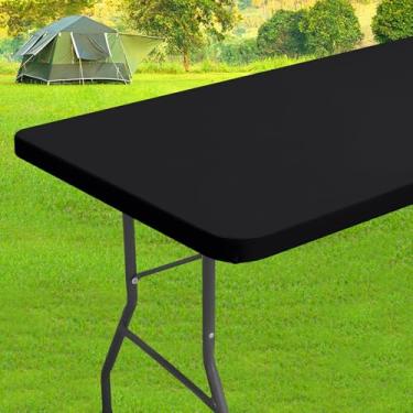Imagem de homing Toalhas de mesa retangulares de elastano de 1,2 m, capa de mesa elástica elástica, toalha de mesa de pátio de tecido lavável para piquenique, acampamento, festa (preta, 76 cm x 122 cm)