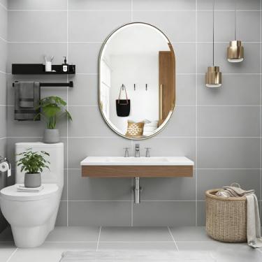 Imagem de POZINO Espelho oval sobre a pia, espelho chanfrado dourado escovado, espelhos de banheiro de 61 x 91 cm com moldura de aço inoxidável, espelhos de parede oblongos de latão para quarto e sala de estar