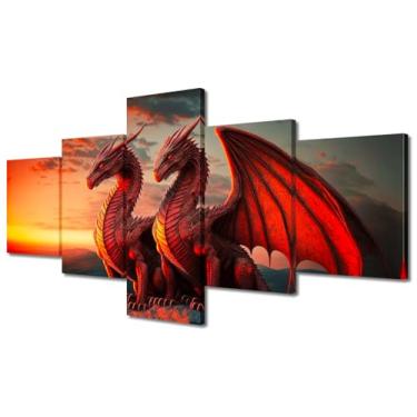 Imagem de Imagens de dinossauros para decoração de parede de sala de estar impressões de arte de animais ferozes pinturas de arte de parede em tela arte de parede tela 5 peças arte de parede emoldurada pronta