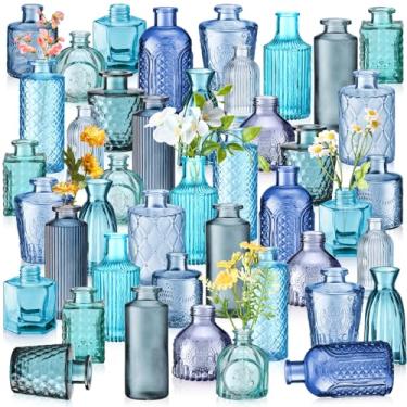 Imagem de Yaomiao 60 Vasos de vidro coloridos a granel flores bud garrafas de vidro colorido vintage colorido rústico em relevo para decoração de mesa de casamento em casa presentes (série azul)